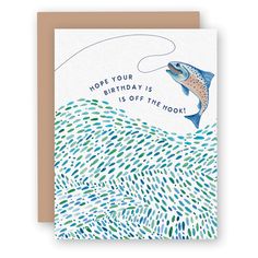 a card with a fish jumping out of the water Birthday Card For Fisherman, Fisherman Birthday Cards, Handmade Watercolor Birthday Cards, Fish Birthday Cards For Men, Homemade Cards For Men Birthdays, Hunting Birthday Card, Birthday Cards For Him Diy, Funny Watercolor Cards, Watercolour Birthday Card For Men