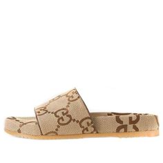 Gucci GG Canvas Slide Sandal 'Camel Monogram' 624695-UKOD0-2673 Designer Brown Flat Slides, Gucci Brown Slip-on Sandals, Luxury Brown Slides With Round Toe, Gucci Brown Sandals For The Beach, Natural Leather Sandals, Sandals Gucci, S Monogram, Natural Leather, Flat Sandals