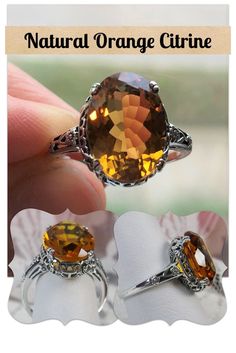 Here we have an Edwardian reproduction ring in sterling silver filigree with a lovely Natural genuine 4ct Orange Citrine gemstone solitaire. This full cut oval gem is 14mm in length and 10mm in width. This ring also sits 7mm off the finger. The inside of the band is marked 925 for solid sterling. Notice the beautiful leaf design of the silver filigree setting and etched band. Amber Oval Topaz Ring For Wedding, Heirloom Oval Citrine Jewelry, Oval Orange Topaz Ring With Center Stone, Oval Citrine Antique Jewelry, Classic Oval Topaz Birthstone Ring, Classic Oval Topaz Ring, Oval Amber Topaz Ring, Oval Amber Topaz Ring For Formal Occasions, Formal Oval Amber Topaz Ring