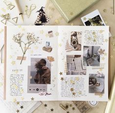 an open scrapbook with gold stars on it