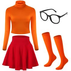 a woman's outfit with glasses, orange shirt and red skirt