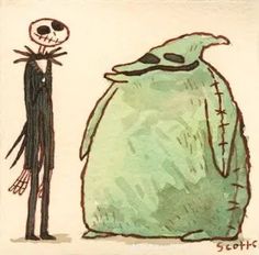 a drawing of a man standing next to a green bag with a skeleton on it