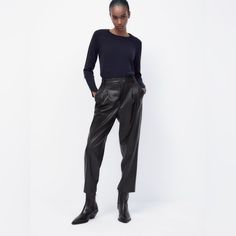 Out Of Stock Online! Faux Leather Pants With High Waist And Belt Loops. Side Pockets And Back False Welt Pockets. Front Pleat Detail. Front Zip And Button Closure. Black | 4043/327 Outer Shell 50% Polyester 50% Polyurethane Shopping Bag (0) Care Caring For Your Clothes Is Caring For The Environment. Freshening Up And Brushing Garments Are Natural Ways To Care For Your Delicate Clothing. If Dry Cleaning Is Necessary, Try To Look For Dry Cleaners That Use Environmentally Respectful Technologies. C Zara Faux Leather Pants, Hem Dress Pants, Black Faux Leather Pants, Faux Leather Trousers, Zara Trousers, Zara Men, Delicate Clothes, Outfit Zara, Linen Tunic Dress