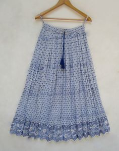 "ITEM DESCRIPTION light blue hand block printed cotton long maxi skirts - broomstick style bohemian style maxi skirts Material: 100% cotton cambric soft crinkled fabric Length: - 38 inch long Waist :-28.00 inch full (14 inch half) 28 inch relaxed can stretch up to 50 inch Size: free size (fit to all) PRODUCT NAME: - Long Women Maxi skirts Ladies Vintage Long skirts Company Return Policy: Please write for more information to my email directly CHOOSE \"ASK SELLER QUESTION \" payment policy:- we ac Bohemian Maxi Skirt, Crinkled Fabric, Indian Blue, Long Skirt Summer, Long Summer Dresses Maxi, Maxi Skirt Style, Girls Maxi Dresses, Bohemian Maxi, Womens Maxi Skirts