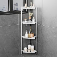 a bathroom shelf with various items on it