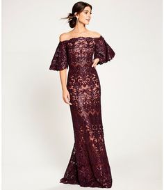 Tadashi Shoji Off-the-Shoulder Sequin Lace Scalloped Hem Gown | Dillard's Elegant Lace Off-shoulder Dress, Off-shoulder Lace Gala Gown, Off-shoulder Lace Gown For Gala, Elegant Lace Off-shoulder Evening Dress, Off-shoulder Lace Evening Dress For Formal Occasions, Off-shoulder Lace Evening Dress For Formal Events, Evening Off-shoulder Dresses With Lace Sleeves, Off-shoulder Lace Party Gown, Elegant Off-shoulder Evening Dress With Short Sleeves