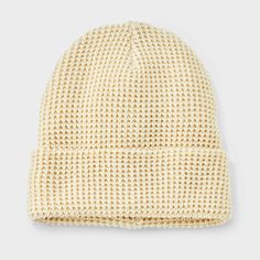 Add a stylish touch of cozy texture to your ensembles with this Recycled Polyester Waffle Knit Beanie from Goodfellow & Co™. Made from recycled polyester fabric with a double-layered knit construction, this waffle beanie provides a comfortable fit for all-day wear, and the pull-on style makes it easy to put on or take off. Goodfellow & Co™: Feel good in what you wear, anywhere. Cream Knit Hat For Fall, Beige Knit Beanie, Cream Soft Knit Beanie, Cozy Cream Beanie For Fall, Beige Knitted Beanie, Casual Beige Knit Beanie, Cream Knit Beanie One Size, Fur Trapper Hat, Straw Panama Hat