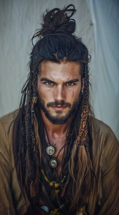 31 Pirate Hairstyles for Men: Rugged and Authentic Looks for Halloween | LooksNiceOnMe Native American Hairstyles Mens, Men Pirate Makeup, Mens Pirate Makeup, Pirate Dreadlocks, Female Pirate Hairstyles, Pirate Makeup For Men, Mens Viking Hairstyles, Men Braided Hair, Bohemian Dreads