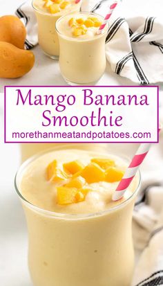 mango banana smoothie in a glass with a pink and white striped straw