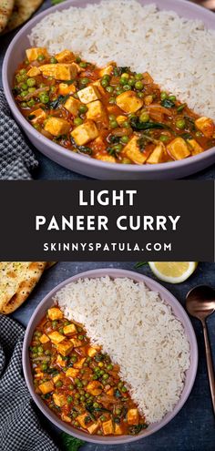 two bowls filled with rice, peas and tofu curry on top of each other