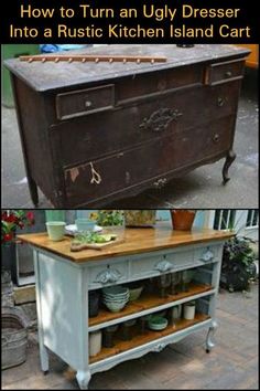 an old dresser turned into a rustic kitchen island cart