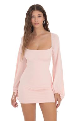 Balloon Sleeve Bodycon Dress in Pink | LUCY IN THE SKY Light Pink Long Sleeve Dress, Pink Long Sleeve Flowy Dress, Graduation Dress Pink, Pink Dress Long Sleeve, Purple Dress Outfits, Long Sleeve Flowy Dress, Lucy In The Sky Dress, Dress Outfits Party, Pink Long Sleeve Dress