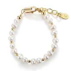 This keepsake bracelet is made with genuine soft white high-end Austrian simulated pearls and 14K Gold-plated beads! This is a high quality bracelet in sterling silver with 14K gold plating. Each bracelet has an extension chain, so as the child grows you just move to the next link for a perfect fit. This bracelet is available in three sizes and is great for infants, babies, toddlers, and kids. This bracelet comes in a beautiful gift box. Hand made in the USA! Make it extra special by adding her Classic Adjustable Personalized Pearl Bracelet, Personalized Adjustable Classic Pearl Bracelet, Classic Personalized Adjustable Pearl Bracelet, Classic Adjustable Hypoallergenic Pearl Bracelet, Classic Personalized White Pearl Bracelet, Classic White Pearl Bracelet For Mother's Day, Elegant Pearl Jewelry For Baptism, Classic White Bracelets For Mother's Day, Classic Gold Pearl Bracelet Hypoallergenic