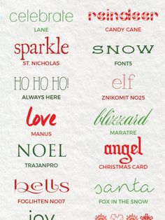 some type of christmas font that is red, green and white with the words in different languages