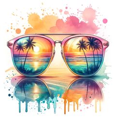 a pair of sunglasses with palm trees on the beach in front of watercolor splashs