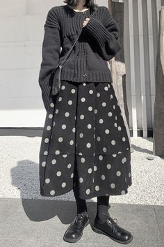 Polka Dot A-line Thick Skirt – stylesock Retro Black A-line Skirt, Retro A-line Winter Skirt, Black A-line Retro Skirt, Black Retro A-line Skirt, Relaxed Knee-length Polka Dot Skirt, Casual A-line Winter Skirt, Casual Long Polka Dot Skirt, Retro Winter Skirt With Pockets, Casual A-line Skirt For Winter