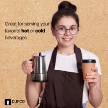 a woman holding a coffee cup and a blender in her hands with the caption, great for serving your favorite hot or cold beverages