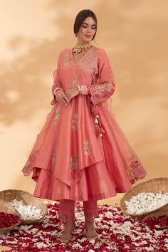 Pink angrakha anarkali with floral embroidery. Paired with a pant and dupatta with floral embroidery work. - Aza Fashions Tissue Silk Anarkali Set With Sheer Dupatta, Long Sleeve Tissue Silk Anarkali Set For Wedding, Festive Long Sleeve Traditional Wear In Tissue Silk, Festive Long Sleeve Traditional Tissue Silk Wear, Anarkali Tissue Silk Kurta With Dabka Work, Anarkali Set With Resham Embroidery In Tissue Silk, Anarkali Traditional Wear In Tissue Silk With Dabka Work, Anarkali Traditional Wear With Dabka Work In Tissue Silk, Designer Semi-stitched Tissue Silk Anarkali Set