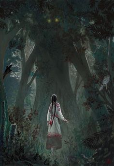 a painting of a woman walking through the woods with her arms outstretched in front of trees