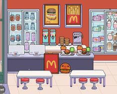 an animated image of a mcdonald's restaurant with lots of food and drinks on the counter