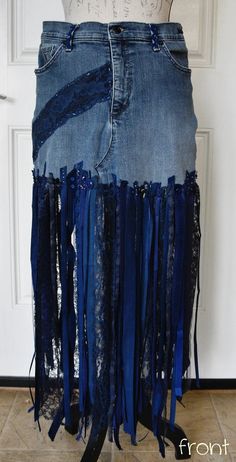 Gloria Vanderbilt, Blue Denim Upcycled, Lace, Ribbon, Unique One of A Kind, Festival, Event, Costume, Fringe Skirt - Etsy Upcycled Blue Bottoms For Spring, Blue Denim Skirt For Spring Festival, Fitted Upcycled Blue Bottoms, Blue Recycled Denim Skirt For Spring, Upcycled Blue Bottoms For Festivals, Blue Denim Skirt For Festival, Blue Recycled Denim Skirt For Summer, Bohemian Blue Recycled Denim Bottoms, Blue Bohemian Recycled Denim Bottoms