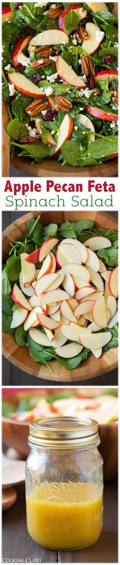 apples and spinach salad in mason jars with text overlay that reads apple pecan eats spinach salad