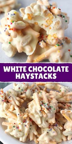 white chocolate haystacks on a plate with sprinkles