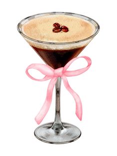 a drawing of a martini in a wine glass with a pink ribbon around the rim