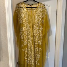 Bcbg Tulle Caftan /Beach Dress In Perfect Condition Spring Yellow V-neck Kaftan, Elegant Yellow Kaftan For Vacation, Yellow Summer Party Kaftan, Festive Floor-length Yellow Kaftan, Gold Kaftan For Summer Vacation, Yellow V-neck Dress For Eid, Yellow Floor-length Kaftan For Wedding, Elegant Yellow Kaftan For Eid, Yellow Embroidered Summer Kaftan