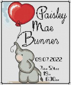 an elephant holding a red balloon with the words baby miss bumbo on it's back