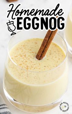 homemade eggnog in a glass with cinnamon stick