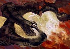 a painting of a woman laying on the ground with her hands in her chest and wings outstretched