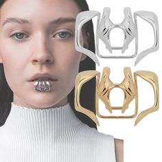 a woman wearing two different metal rings and one has piercings on her nose, while the