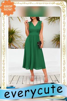 Green V Neck Sleeveless Pleated Casual Dress Women Dresses Casual, Casual Dress Women, Women Dresses, Dresses Casual, Casual Dresses For Women, Casual Dress, Casual Dresses, V Neck, Womens Dresses