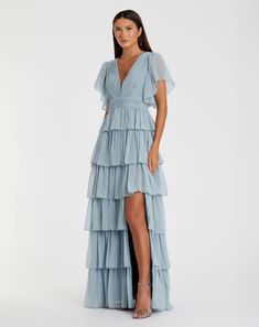 Flutter Sleeve Ruffle Tiered Gown Fall Formal Dresses, Destination Wedding Guest Dress, Mac Duggal Dress, Mac Duggal Dresses, Dress Night Out, Fall Wedding Guest Dress, Mac Duggal, Evening Dresses Cocktail, Full Length Dress