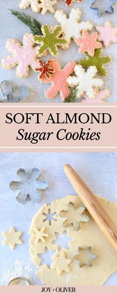 soft almond sugar cookies with icing and sprinkles on a blue background