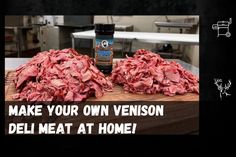 a pile of meat sitting on top of a wooden cutting board next to a bottle of seasoning