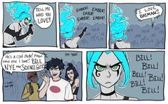 comic strip with an image of two people talking to each other and one has blue hair