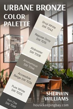 A Sherwin Williams Urbane Bronze color palette featuring Shoji White, Repose Gray, Alabaster, Anonymous, Accessible Beige, Pure White, and Iron Ore. The image displays a stylish and modern living room with warm earthy tones. Accessible Beige Sw, Urbane Bronze Sherwin Williams, Interior Paint Palettes