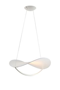 a modern light fixture with two circular lights hanging from it's sides and an oval shaped