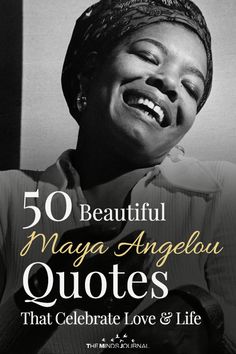 the cover of 50 beautiful mary angele quotes that celebrate love and life, featuring a smiling woman with her eyes closed