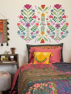 Bungalow Wall Decal|Live Happy-view 1 Colorful Boho Home, Tufted Pillow, Folk Flowers, Hand Paintings, Plain Wall, Chair Couch, Boho Room Decor, Ideas Hogar