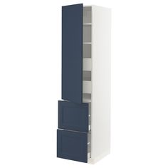 a tall cabinet with two doors and drawers in white and dark blue painted woodgrain