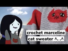 a woman standing next to a knitted sweater with the words crochet marceline cat sweater on it