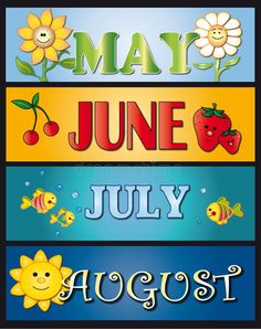 four months of the year with flowers and sunflowers on blue, yellow and green background