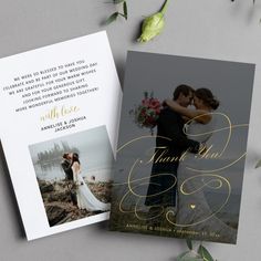 two wedding cards with gold foil lettering on them and an image of a bride and groom