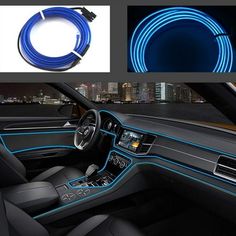 the interior of a car with blue neon lights and steering wheel trims on it