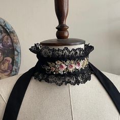 Embroidered Necklace Elegant Embroidered Festival Jewelry, Elegant Embroidered Jewelry For Festival, Vintage Beaded Choker As Gift, Vintage Beaded Choker As A Gift, Vintage Beaded Choker Gift, Bohemian Black Embroidered Jewelry, Black Embroidered Bohemian Jewelry, Vintage Embroidered Jewelry, Handmade Victorian Choker For Wedding