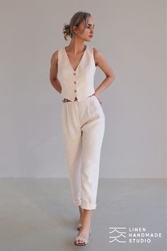 Meet a new closet go-to: our comfy, stylish linen vest Kelsey – a must for your linen capsule wardrobe. Perfect for mixing, matching, and making every outfit pop. Check out our online shop to grab this season's key pieces and give your wardrobe an effortless yet chic update with our easy-to-love linen wear. Fitted Linen Tank Top For Spring, Elegant Linen Tank Top For Spring, Chic Fitted Linen Tank Top, Chic Summer Linen Vest, Summer Linen Vest For Workwear, Beige Linen Spring Vest, Spring Workwear Linen Vest, Fitted Sleeveless Linen Vest, Elegant Linen Tank Top