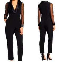 Black Tuxedo Long Sleeve Jumpsuit With Satin Trim, Size 12. Sheer Sleeves With Satin Trim Button Cuffs, Straight Leg And Plunge V Neckline. P2p: 18" L: 55" W: 16.5" S: 30" Formal Fall Jumpsuits And Rompers, White Wide Leg Jumpsuit, Peplum Jumpsuits, Black Velvet Jumpsuit, Cocktail Jumpsuit, Tuxedo Jumpsuit, Black Strapless Jumpsuit, Cold Shoulder Jumpsuit, Womens Black Jumpsuit